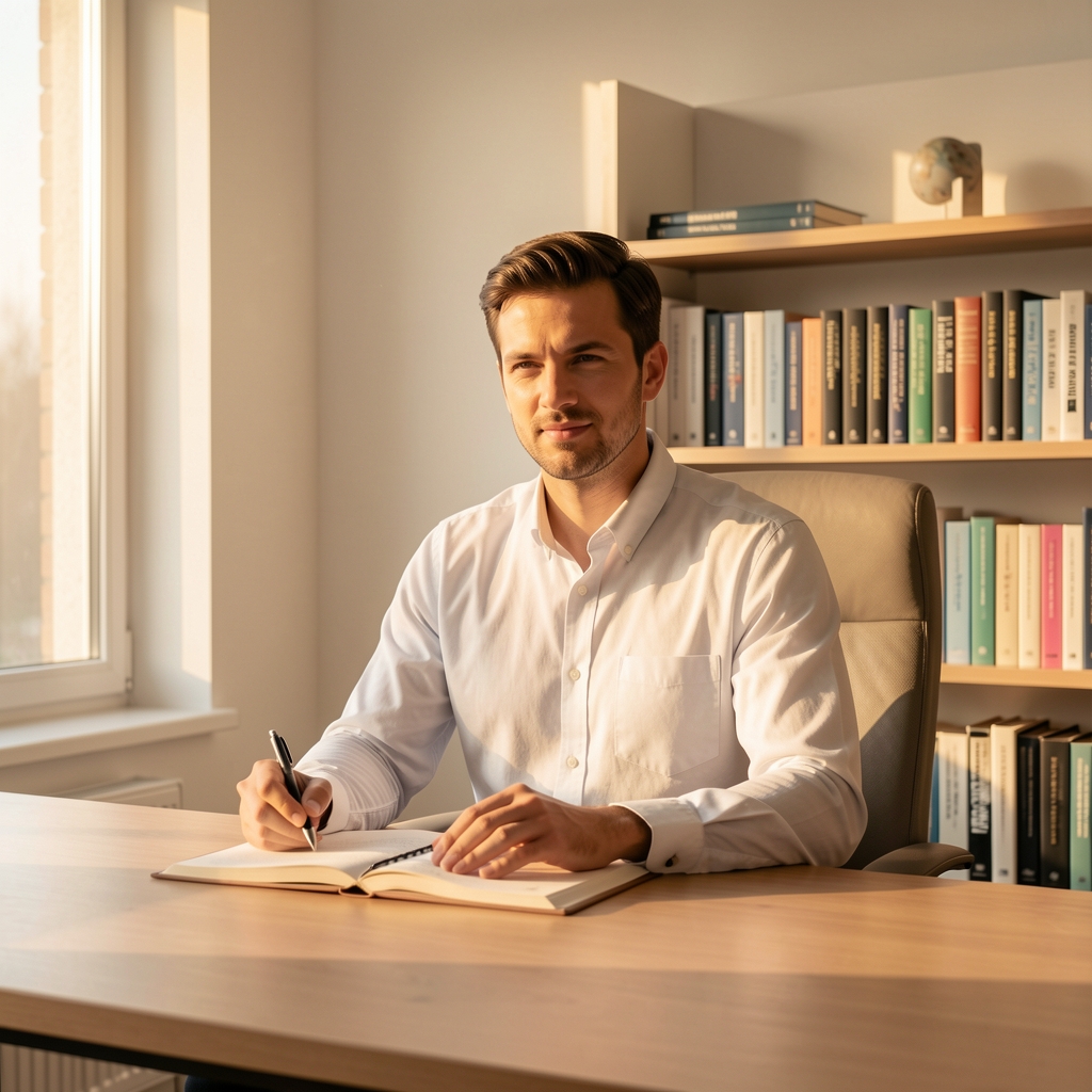 Professional male wellness specialist at a writing desk in a minimalist South Jakarta studio office, warm morning light and shelves of research publications in background