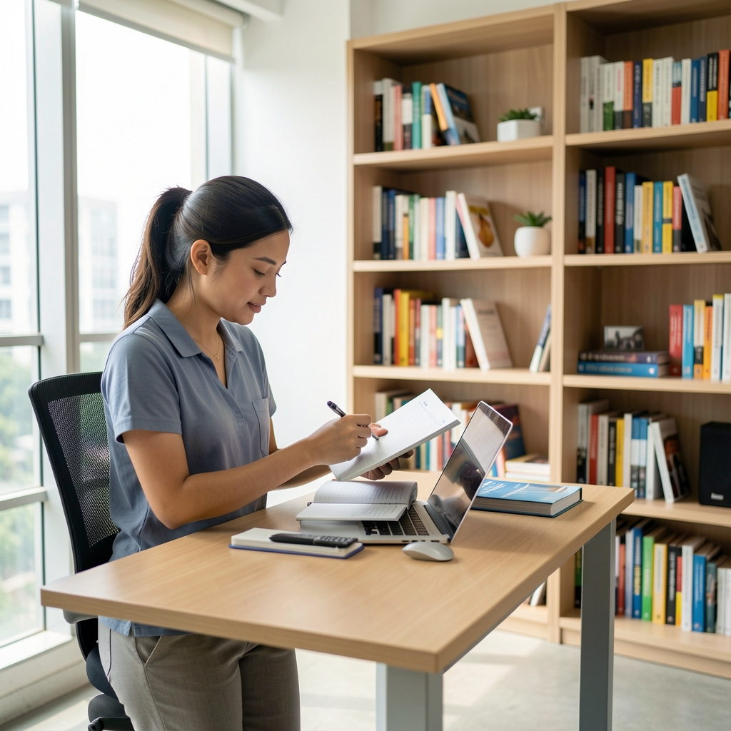 Wellness specialist reviewing nutritional research notes at a standing desk in a bright Jakarta editorial office, natural daylight, bookshelves visible