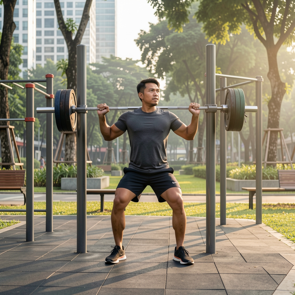 Indonesian man in his 30s performing functional fitness training outdoors in a modern Jakarta park during morning light