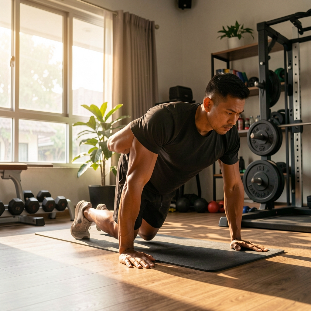 Man performing bodyweight strength training in a sunlit home gym space in Jakarta with focused concentration