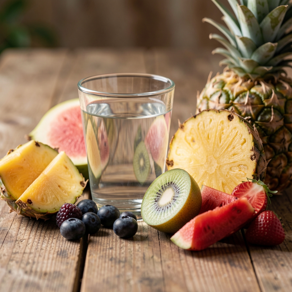 Close-up of a glass of water and fresh tropical fruits on a wooden table as a natural hydration and recovery setup