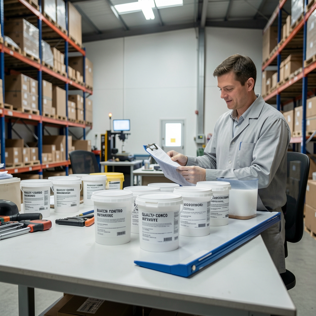 Quality-control documentation review in a clean warehouse environment with batch-coded containers on a workbench under studio lighting