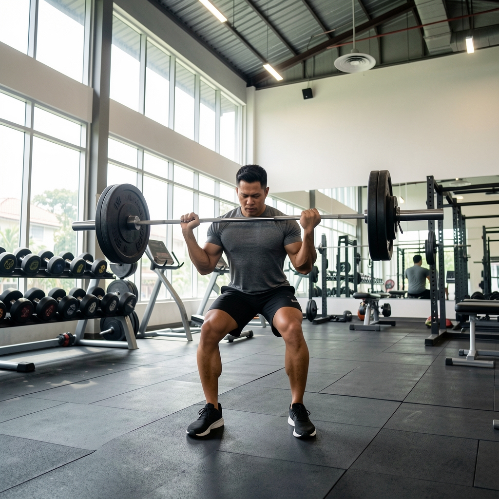 Man performing weighted barbell strength training in a well-equipped Jakarta gym with high ceilings and natural light
