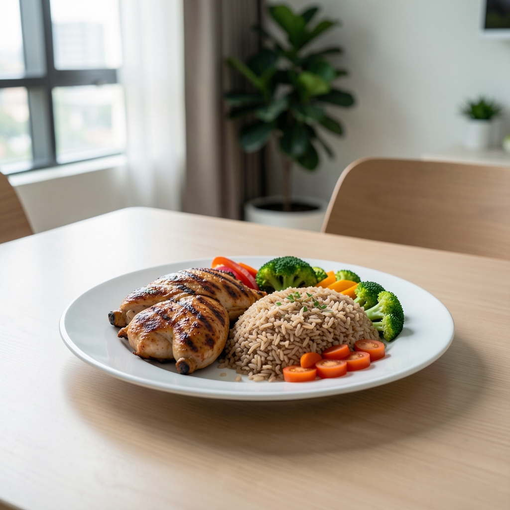 Colourful balanced meal of grilled chicken, brown rice, and fresh vegetables on a white plate at a clean dining table in a Jakarta apartment